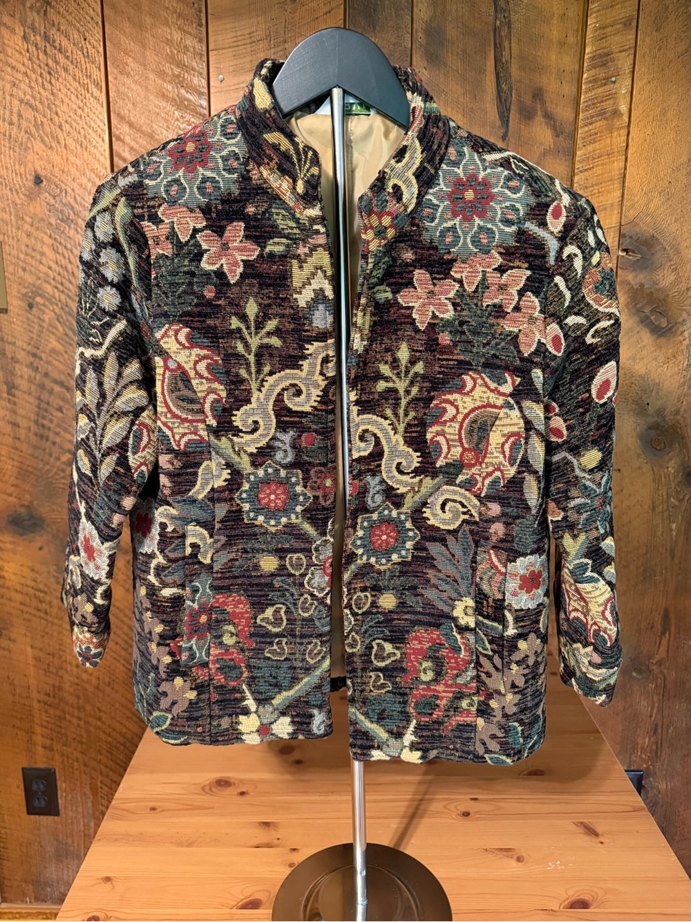 Vintage 90s Orvis Floral Chenille Tapestry Open-Front Jacquard Jacket S Academia - Picture 2 of 16
